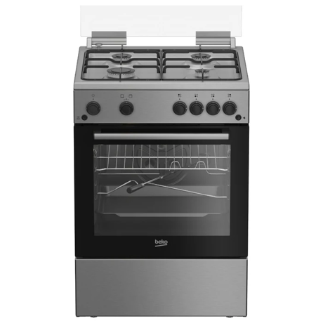 Aragaz Beko FBGT62110DXO, 4 arzatoare cu eficienta ridicata, aprindere electrica plita si cuptor, grill gaz, rotisor,  iluminare cuptor, timer mecanic, capac sticla, compartiment pentru tavi, geam interior sticla demontabil cu CleanZone, dispozitiv siguranta cuptor si plita, maner metalic, dispozitiv pentru reglarea presiunii GN, 85x60x60 (IxLxA, cm), culoare inox+silver