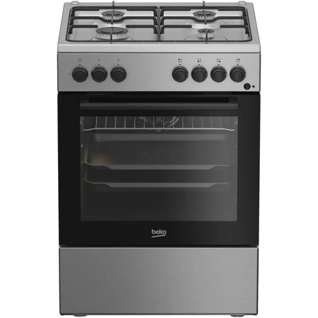 Aragaz Beko FBSE62120XD, 4 arzatoare cu eficienta ridicata, suprafata plita din metal, aprindere buton, suport vase emailat,  cuptor electric, 6 functii,  functie Booster, curatare cu abur, grill electric, curatare SteamShine, iluminare cuptor, clasa energetica A, accesorii: 1 x tava standard, 1 tava prajituri, gratar, 85x60x60 (IxLxA, cm), culoare Inox