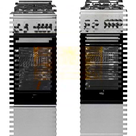 Aragaz Beko FBSHT62111GX, 4 arzatoare cu eficienta ridicata, aprindere electrica plita si cuptor, grill, rotisor, iluminare cuptor, timer mecanic, capac metal, culoare inox+silver
