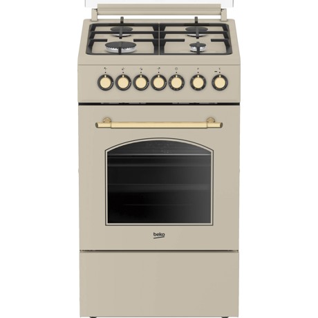 Aragaz rustic mixt Beko FSE52135DCRSN, 4 arzatoare cu eficienta ridicata, gratare din fonta, aprindere electrica integrata, Booster, grill electric, cuptor electric, 6 functii de gatire, rotisor,  iluminare cuptor, timer mecanic, capac metal, compartiment pentru tavi, dispozitiv siguranta cuptor si plita, 85x50x60 (IxLxA, cm), culoare: crem