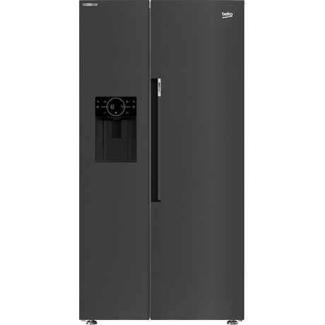 Side-by-Side Beko GN162340XBRN, tehnologie racire No Frost,Water dispenser, Ice machine, vol net  571  l, clasa energetica  E, afisaj electronic, HarvestFresh, control Touch, lumina interioara (LED), functie congelare rapida, rafturi sticla, dimensiuni 179 x91 x 70,5 (lxLxA, cm), Dark Inox