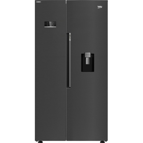 Side-by-Side Beko GN163241DXBRN, tehnologie racire No Frost,Water dispenser,  vol. brut 635 l, vol net  576  l, clasa energetica  E, afisaj electronic, HarvestFresh, EverFresh, control Touch, lumina interioara (LED), functie congelare rapida, rafturi sticla, dimensiuni 179 x91 x 70,5 (lxLxA, cm), Dark Inox