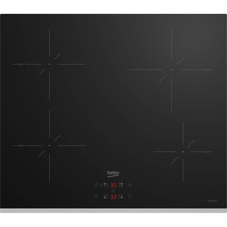 Plita incorporabila electrica cu inductie Beko HII64401SMTX, 4 zone de gatit Fata-stanga - Ø180mm, Fata –dreapta - Ø145mm, Spate- stanga - Ø180mm, Spate-dreapta - Ø210 mm), control touch, booster, timer, 9 niveluri de putere, recunoastere automata a vaselor de gatit, inchidere automata, blocare display, culoare: negru, 60 cm latime