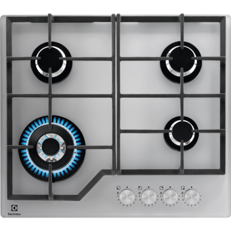 Plita incorporabila Electrolux KGG64362S, Gaz, 4 arzatoare, Aprindere electrica integrata, Dispozitiv siguranta, Gratare fonta, 60 cm, Argintiu