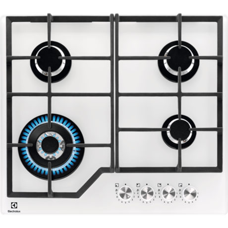 Plita incorporabila Electrolux KGG64362W, Gaz, 4 arzatoare, Arzator Wok. Aprindere electrica integrata, Dispozitiv siguranta, Gratare fonta, 60 cm, Alb