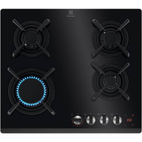 Plita incorporabila Electrolux KGG643753K, Gaz, 4 arzatoare, Aprindere electrica, Gratare fonta, Timer electronic, Conectivitate hota, 60 cm, Negru