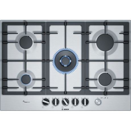 Plita incorporabila Bosch Serie 6 PCQ7A5M90, 75 cm, gaz, tehnologie FlameSelect, 5 arzatoare, 1x Dual Wok, suporturi din fonta, inox