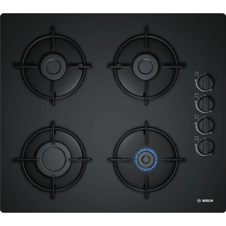 Plita incorporabila Bosch POP6B6B10, Gaz, 4 arzatoare, control lateral, valva de siguranra, aprindere electrica, 60 cm, Negru
