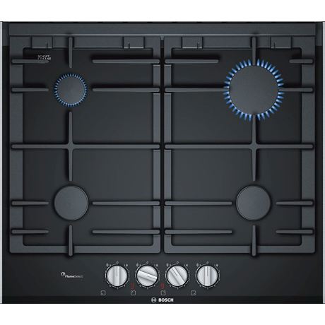 Plita incorporabila Bosch PRP6A6D70, 4 zone gaz FlameSelect, 60 cm, suporturi din fonta, Sticla ceramica neagra, decor inox