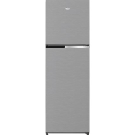 Frigider cu doua usi, Vol.total brut: 271l, Vol. util racitor:182 l, Vol util congelator: 68 l, clasa energetica E, ventilator compartiment racitor, iluminare LED, rafturi sticla, culoare Metal Look, dimensiuni: 165x54x60 cm (HxLxA)