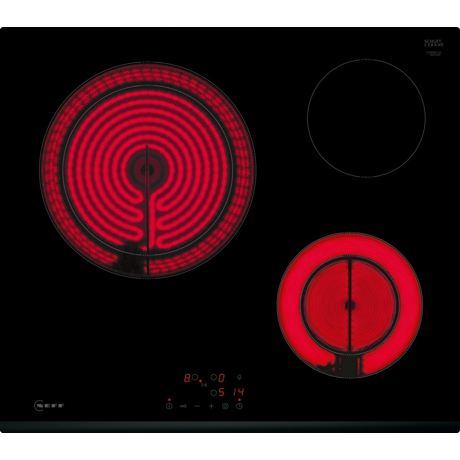 Plita incorporabila Neff T16FBK1L8,  Vitroceramica radianta, design fatetat frontal, 3 zone de gatit din care 2 zone cu dublu circuit, TouchControl si afisaj digital, functie ReStart, functie QuickOff, timer, indicator de caldura reziduala