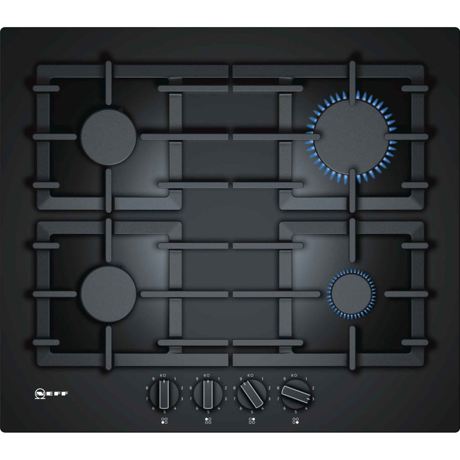 Plita incorporabila Neff T26CS49S0,  60 cm, sticla neagra, posibilitate instalare la nivelul blatului, FlameSelect, 4 arzatoare: 1 mare, 2 normale, 1 economic, aprindere la o singura mana, siguranta (termoelectrica) cu supravegherea flacarii, suporturi din fonta, indicator de caldura reziduala, presetat pentru gaz natural