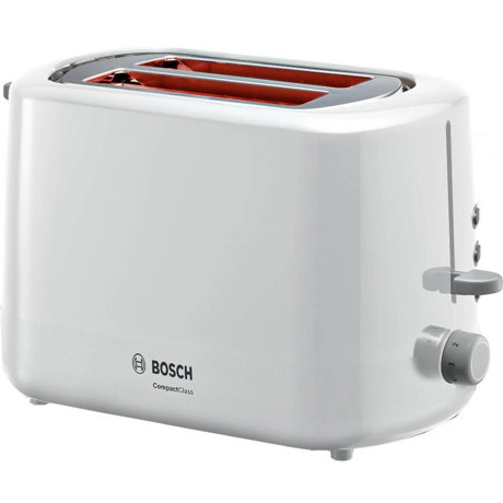Prajitor de paine Bosch TAT3A111, 800 W, 2 felii, Controlul variabil de rumenire, Senzor electronic prajire uniforma, Functie dezghetare si incalzire, Alb