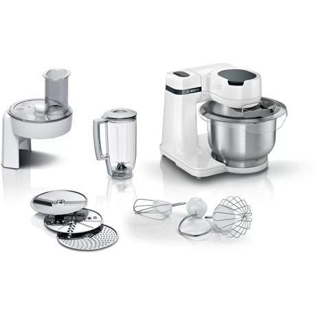 Robot de bucatarie Bosch MUMS2EW20, 700 W, 4 trepte de viteza, Bol otel inoxidabil de 3.8l, mixare planetara, set patiserie, 3 discuri feliere/razuire, blender, Alb