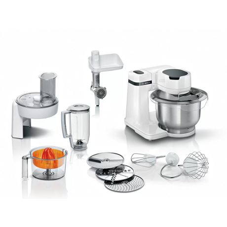 Robot de bucatarie Bosch MUMS2EW40, 700 W, 3.8 l, blender 1.25 l, masina de tocat carne, 4 trepte viteza, alb