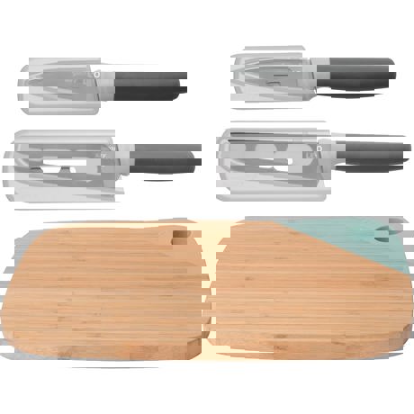Set de cutite si tocator, 3 piese, 9cm, 13.5cm, Otel, Bambus, Multicolor