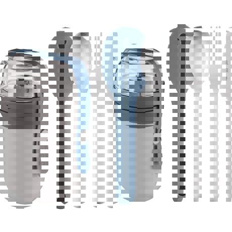 Set pentru pranz, 5 piese, Caserola, Tacamuri, Plastic, Otel, Silicon, Gri/Albastru/Argintiu
