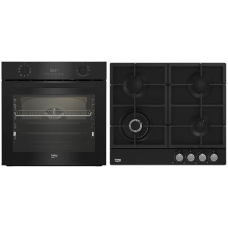 Pachet incorporabile Cuptor + Plita Beko BBSM17330BCS, Electric, 71 l, Clasa A, Autocuratare catalitica, SoftClose door,Timer, Negru, Gaz, 4 arzatoare, HIGH-EFFICIENCY GAS BURNER, Wok, Gratar din fonta, 60 cm, Negru