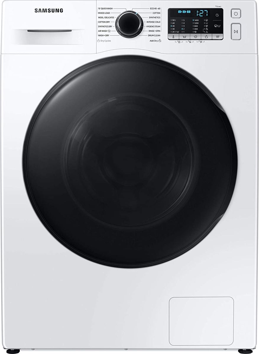 Masina de spalat rufe cu uscator Samsung WD80TA046BE/LE, 8 kg/5 kg, 1400 rpm, Bubble Soak, Eco Bubble, Level Dry, Time Dry, Hygiene Steam, Display LED, Digital Inverter, Alb, Hublou negru