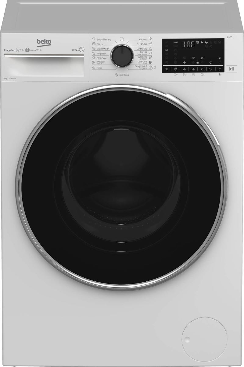 Masina de spalat rufe Beko B3WFU584110W, 8 KG, 1400 rpm, 15 programe, SteamCure, HomeWhiz prin BlueTooth, AddXtra, Motor Inverter, Clasa A, Display digital LCD, Alb